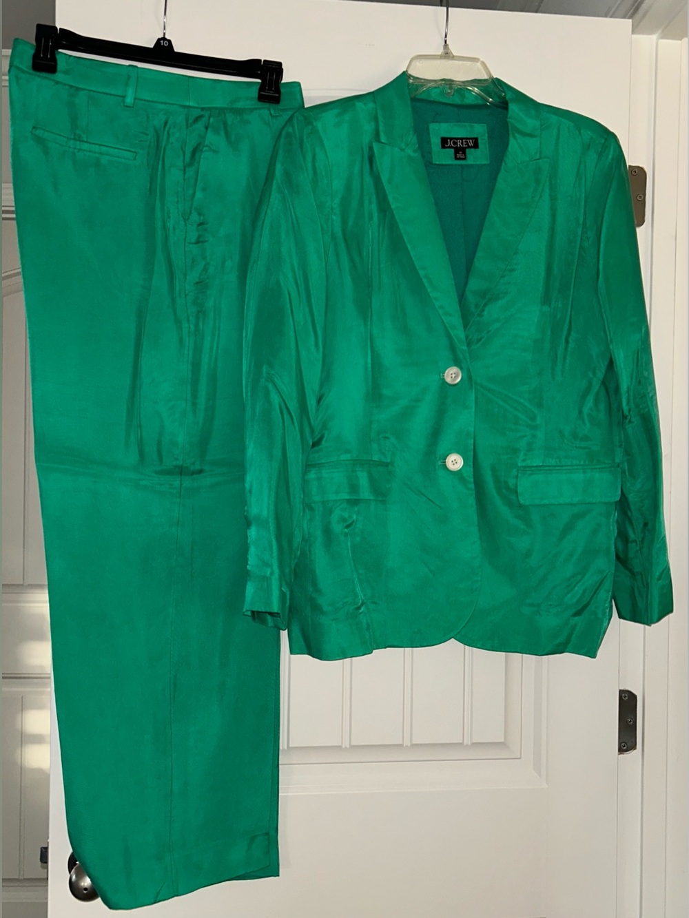 J. Crew Women’s Green Satin Pantsuit - Blazer (10) & Trousers (12)